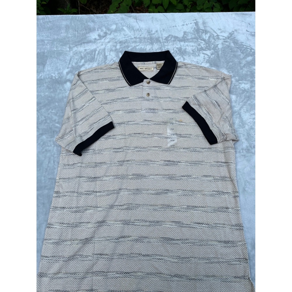 ME Sport Mens Large Polo Shirt Herringbone Knit Beige Tan Black Short Sleeve L